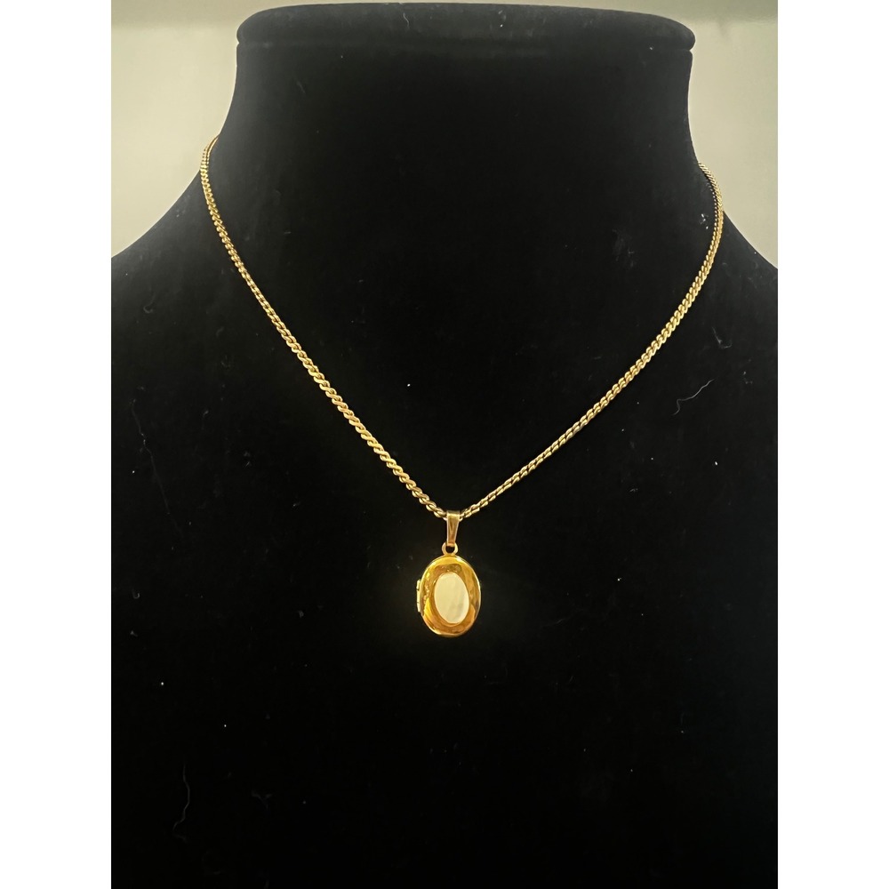 Vtg 16 in Gold Tone Oval Locket Necklace Mother of Pearl Photo Pendant Classic